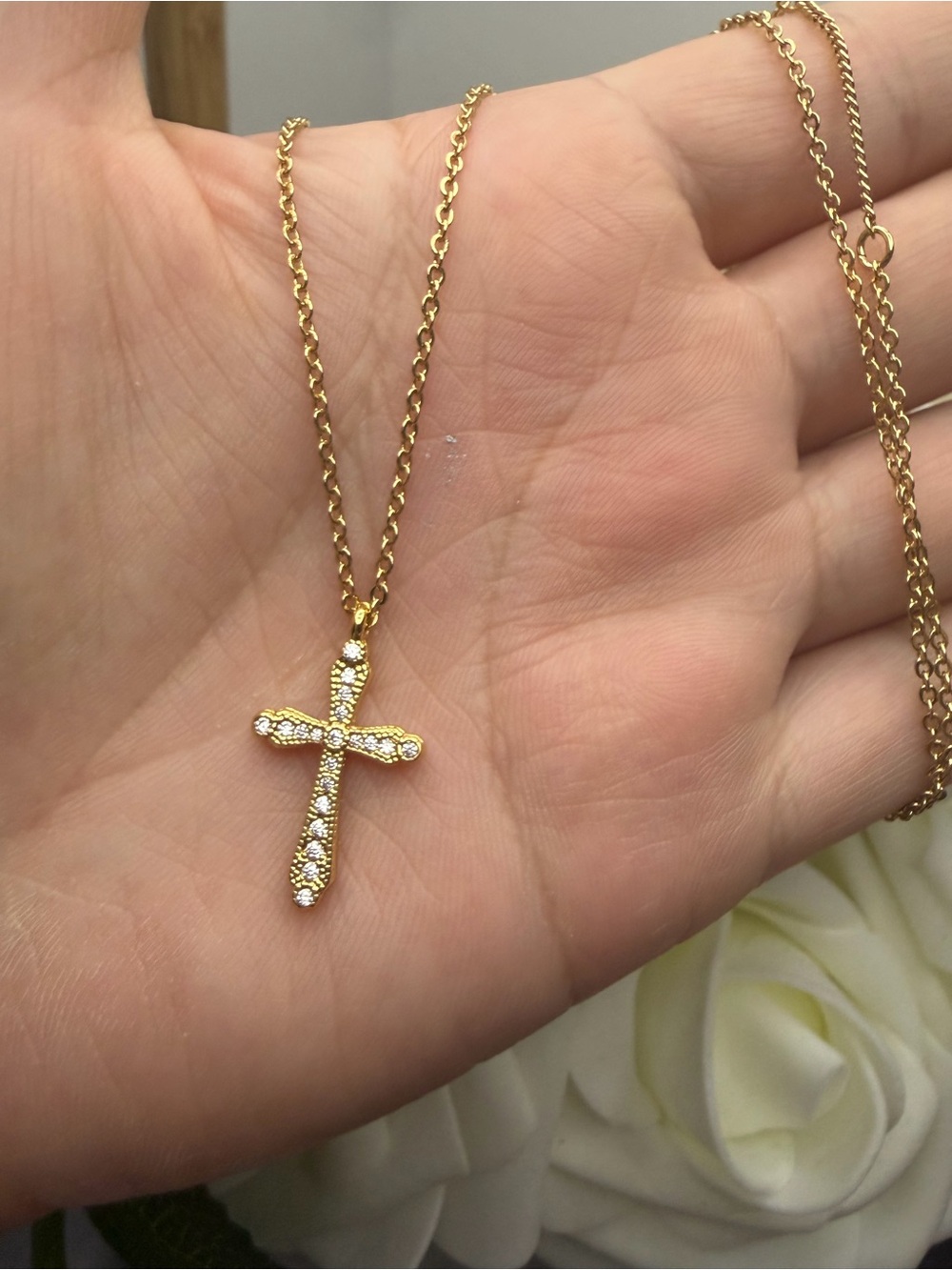 Gold Cross Pendant Necklace with Crystal Accents - Picture 3 of 6